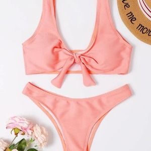 Pink Scoop neck knot front wireless bra ribbed bikini swimsuit Sz M